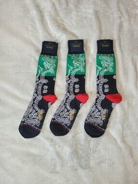 3 Polo Ralph Lauren Mens 6-12 Paisley Blue Red Green White Cotton Crew Socks